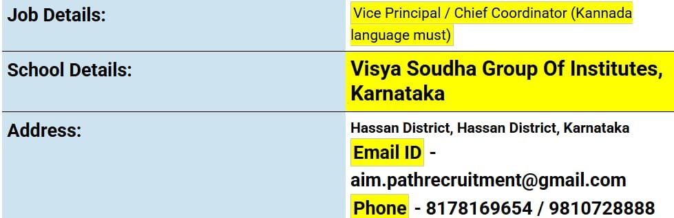 School Jobs at  Visya Soudha Group Of Institutes, Karnataka  ,  Hassan